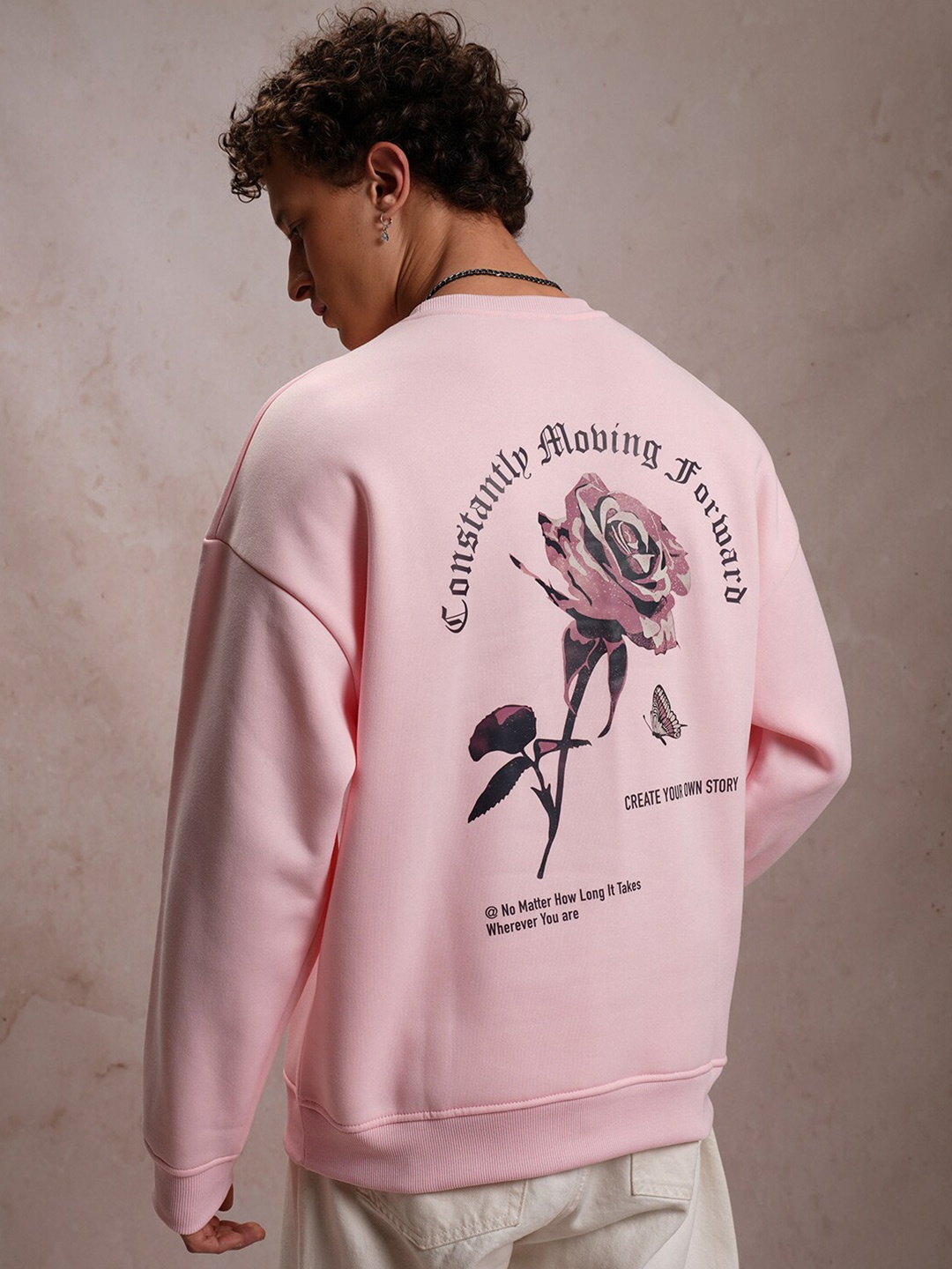

HIGHLANDER Typography Printed Drop Shoulder Oversized Pullover Sweatshirt, Pink
