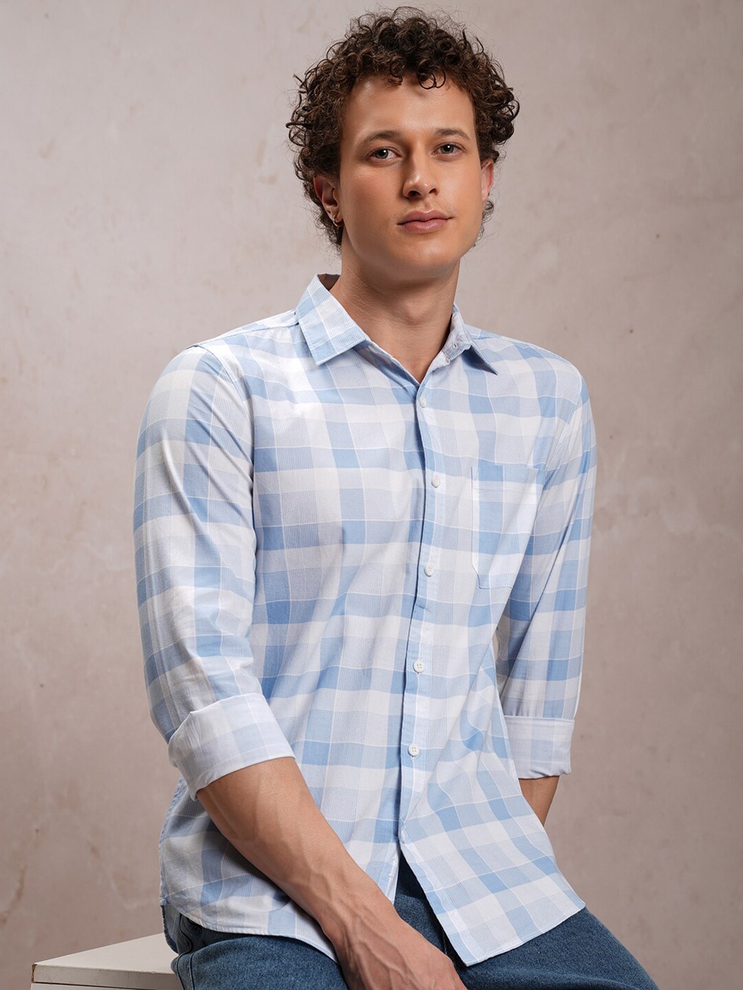 

HIGHLANDER Blue Slim Fit Tartan Checked Casual Cotton Shirt