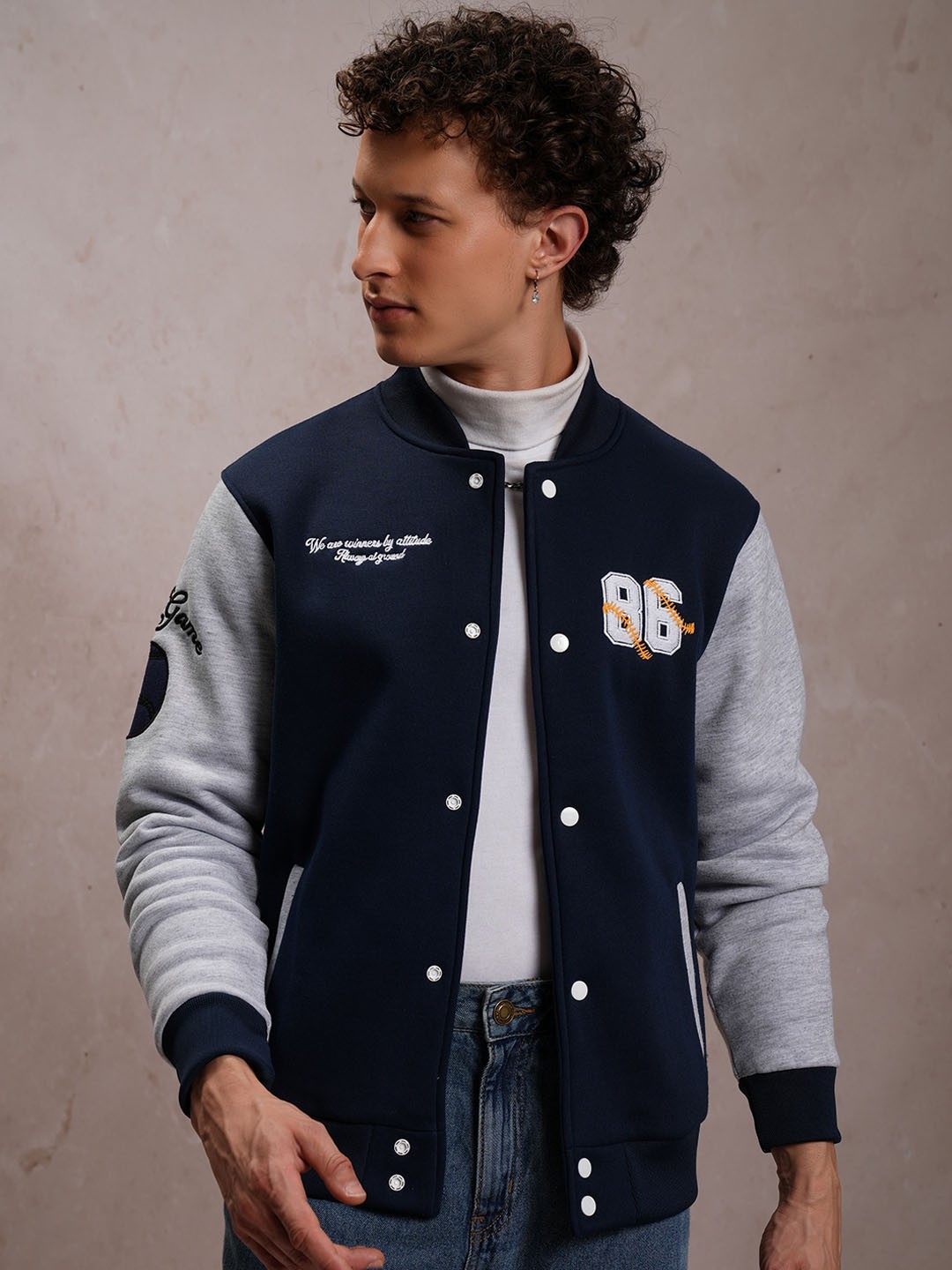 

HIGHLANDER Stand Collar Printed Bomber Jacket, Navy blue