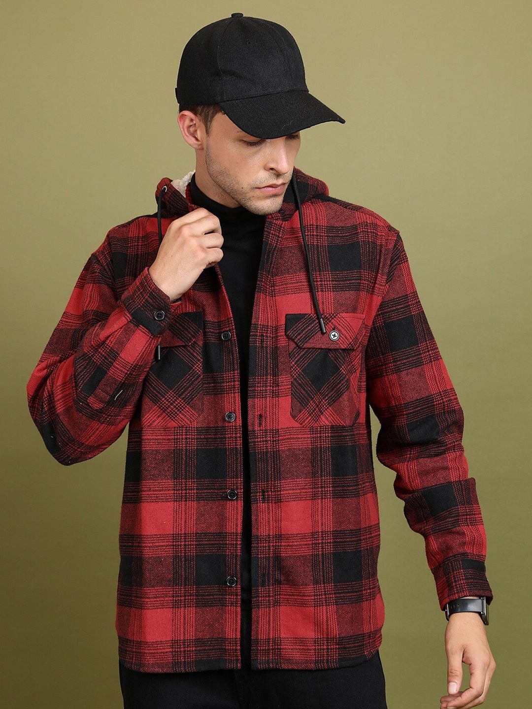 

HIGHLANDER Hooded Tartan Checked Flannel Oversized Shirt, Red