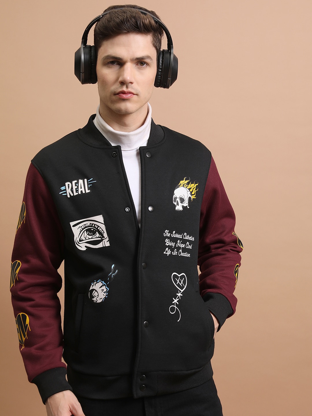 

HIGHLANDER Stand Collar Printed Bomber Jacket, Black