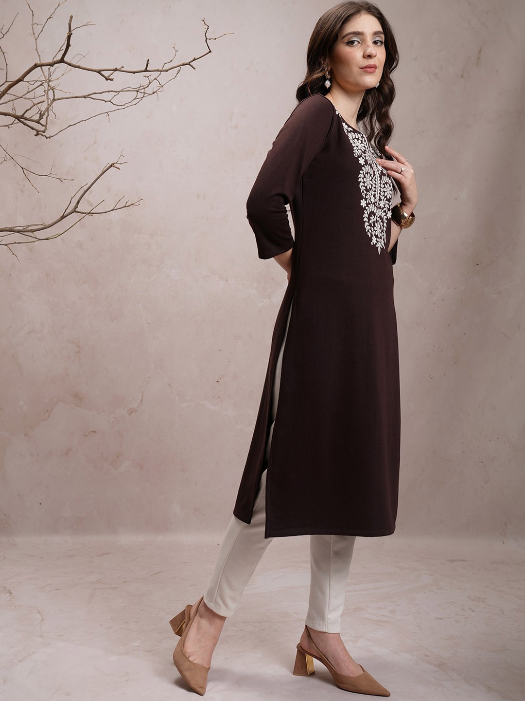 

KETCH Embroidered Yoke Design Straight Kurta, Brown