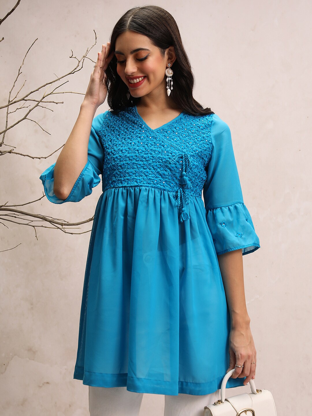 

KETCH Embroidered V-Neck Bell Sleeves Tunic, Blue