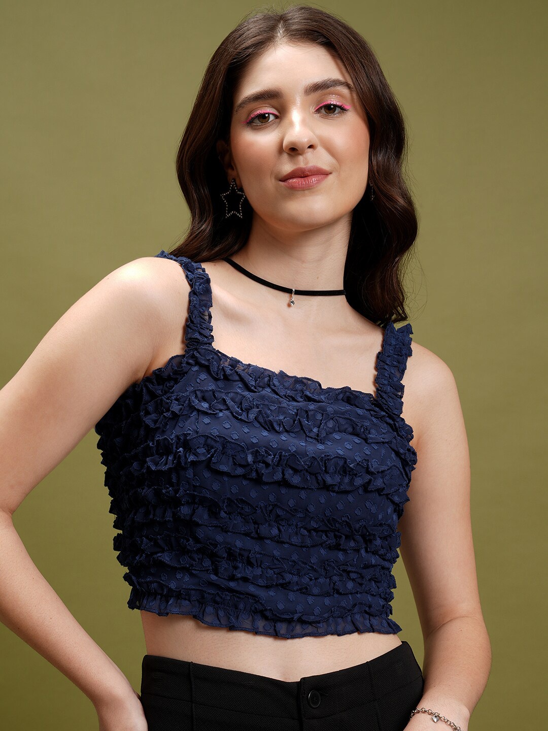 

KETCH Navy Blue Self Design Sleeveless Crop Top