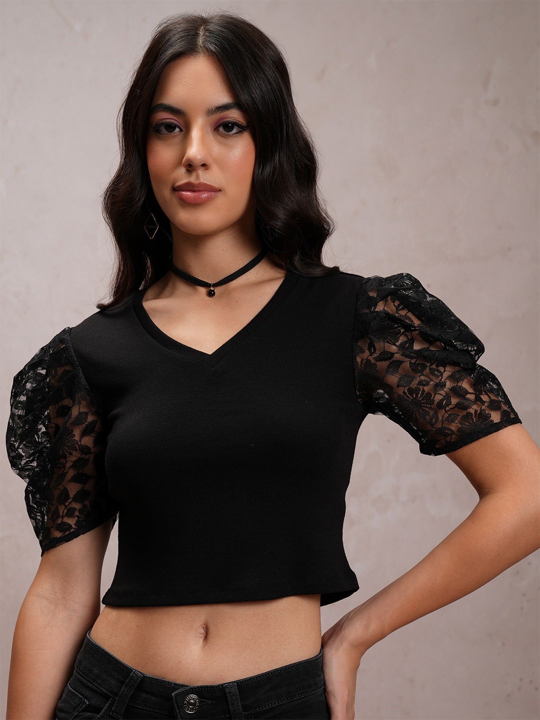 

KETCH Black Self Design Puff Sleeve Crop Top