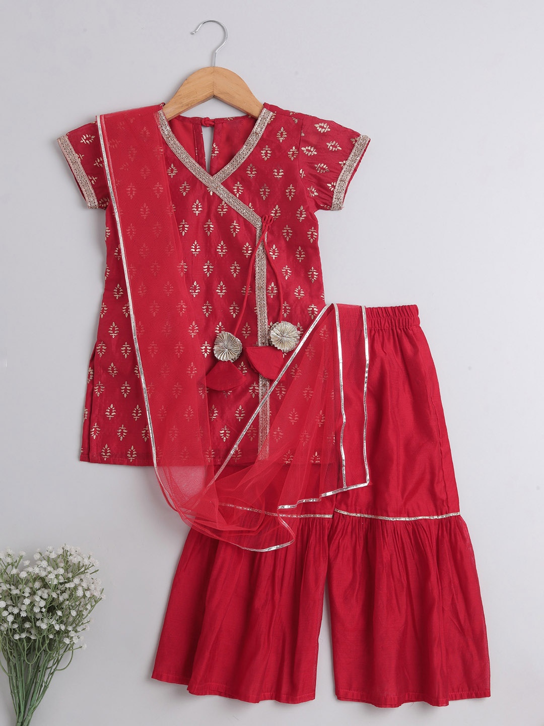 

The Magic Wand Girls Red Ethnic Motifs Printed Kurti with Sharara & Dupatta