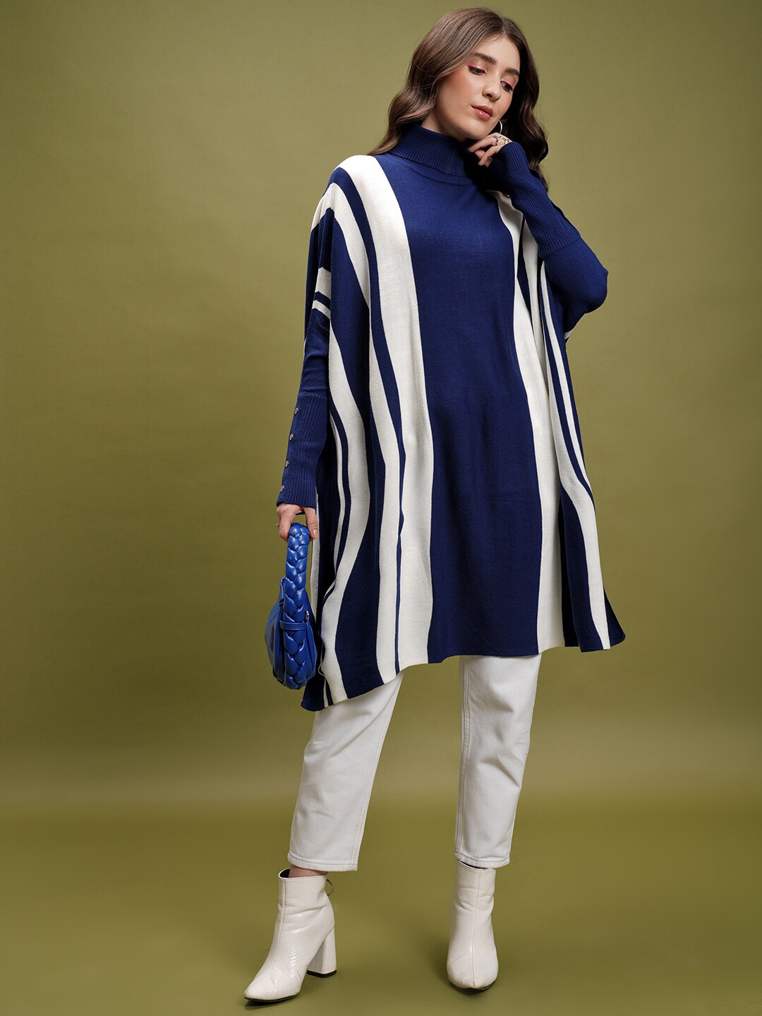 

Tokyo Talkies Navy Blue Striped Turtle Neck Relaxed Acrylic Longline Poncho Sweater