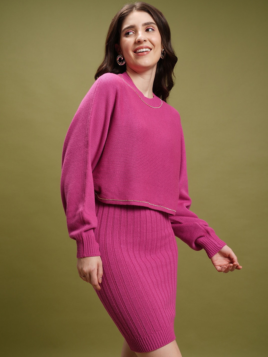 

Tokyo Talkies Acrylic Ribbed Bodycon Dress With Sweater, Pink