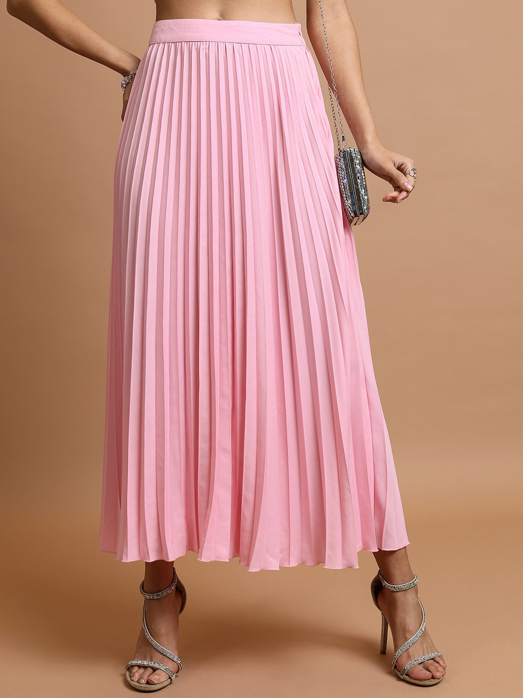 

Tokyo Talkies Pink Mid-Rise Pleated Accordion Pleated Maxi A-Line Skirt