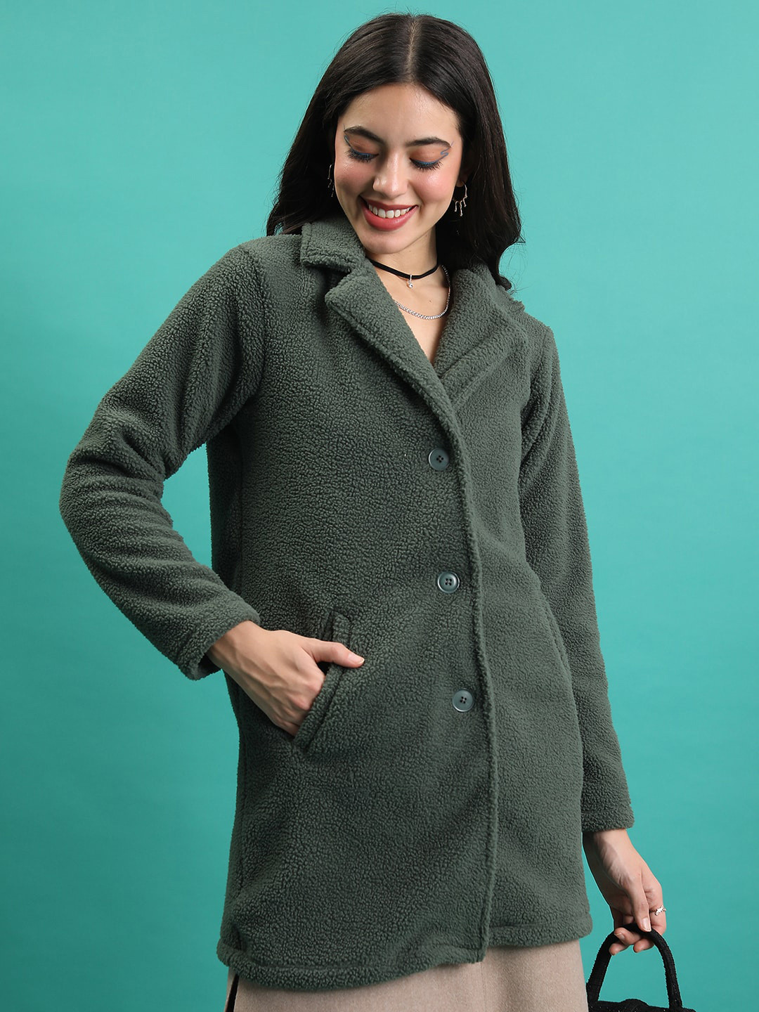 

Tokyo Talkies Notched Lapel Collar Overcoat, Green