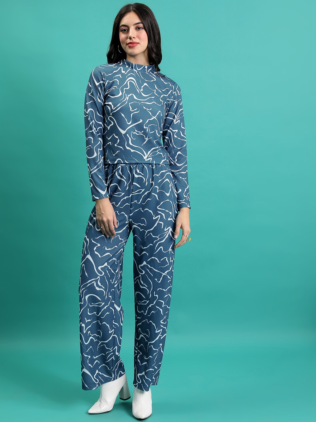 

Tokyo Talkies Printed Top With Straight Leg Trousers, Blue