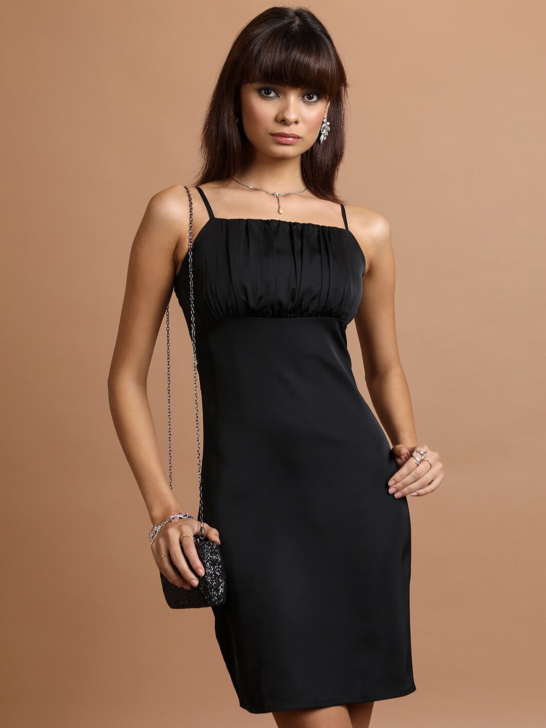 

Tokyo Talkies Black Shoulder Straps Ruched Sheath Mini Dress