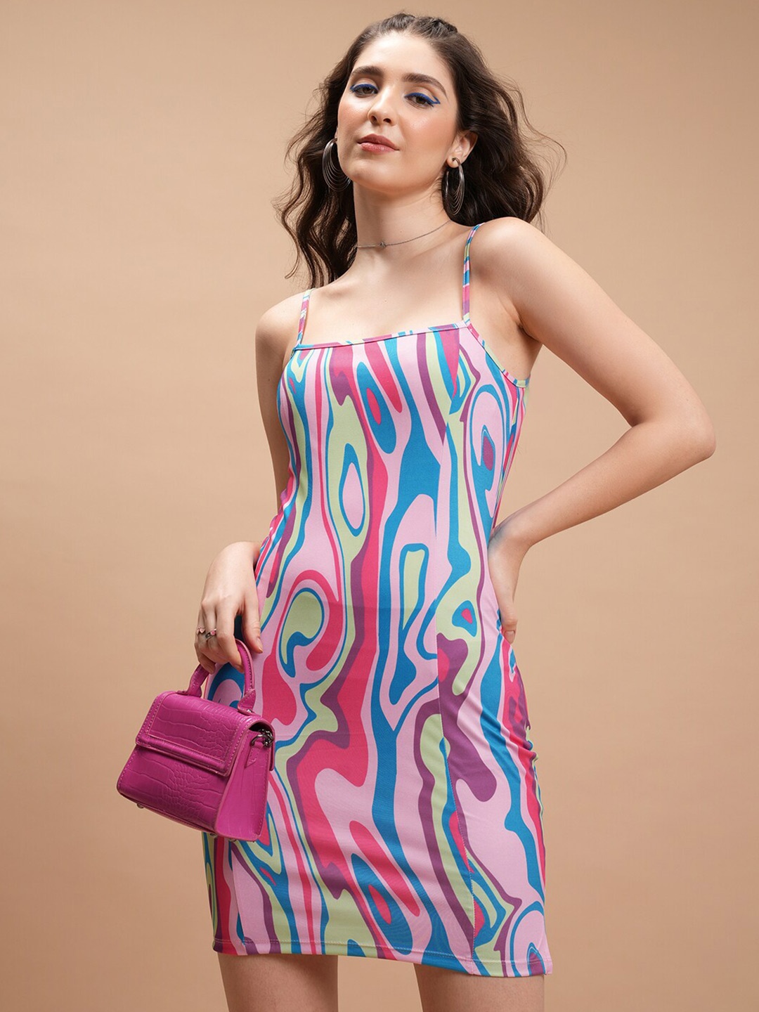 

Tokyo Talkies Pink & Blue Abstract Printed Shoulder Straps Sheath Mini Dress