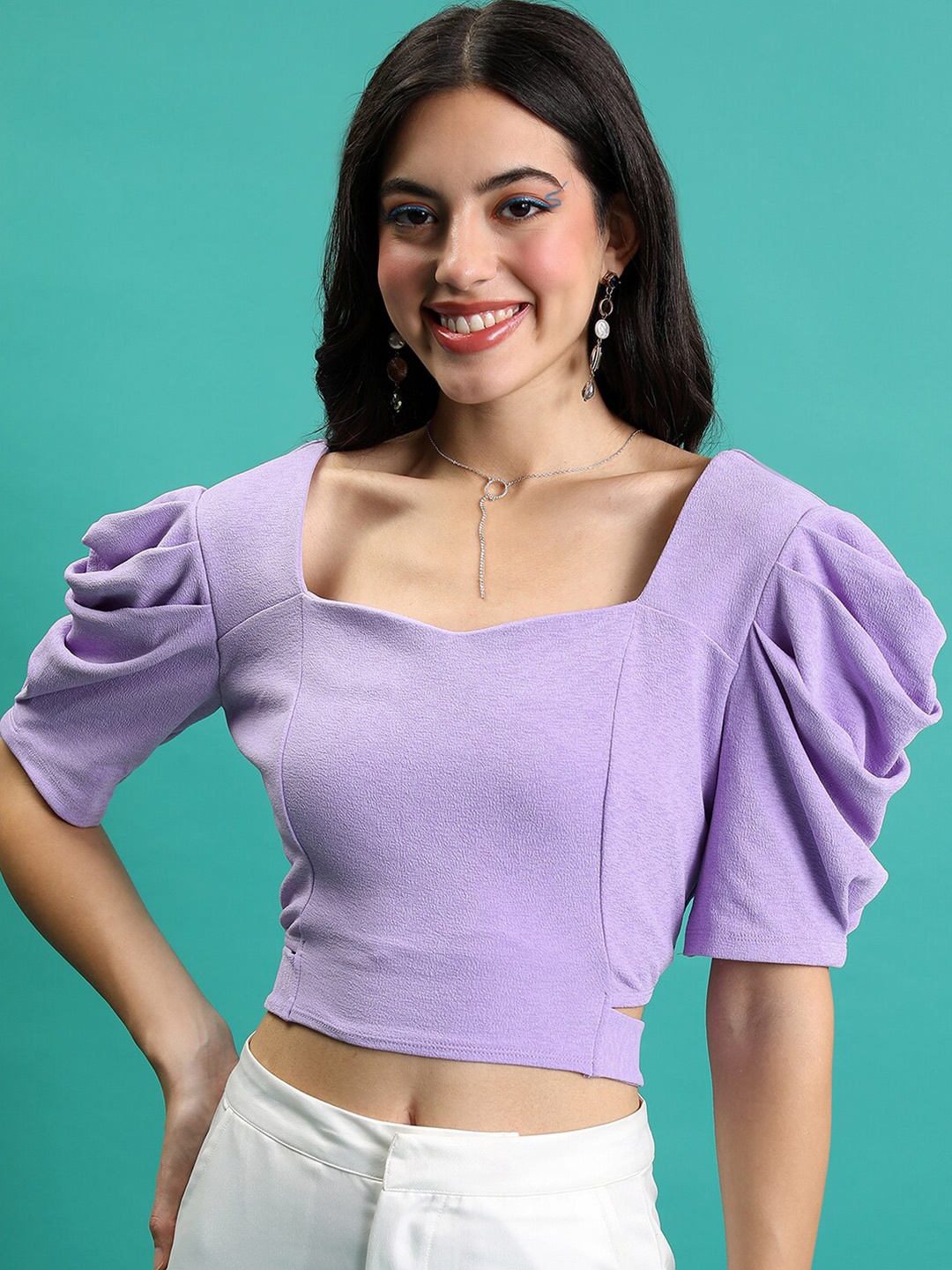 

Tokyo Talkies Purple Sweetheart Neck Puffed Sleeves Cut Out Crop Top