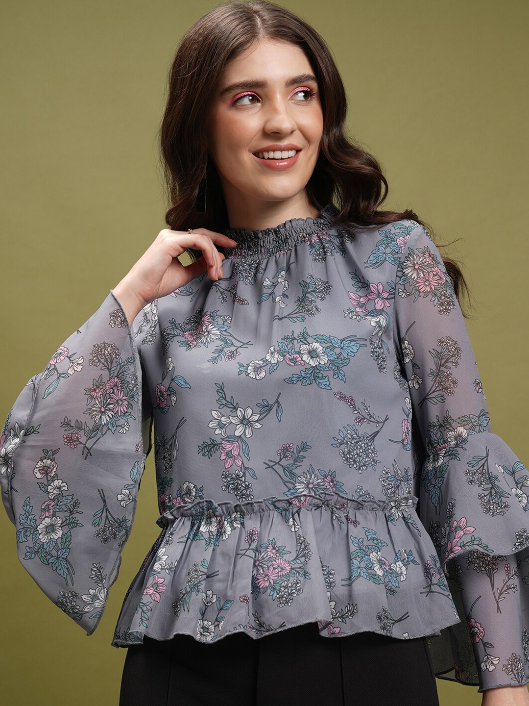 

Tokyo Talkies Grey Floral Printed High Neck Bell Sleeves Ruffles Peplum Top
