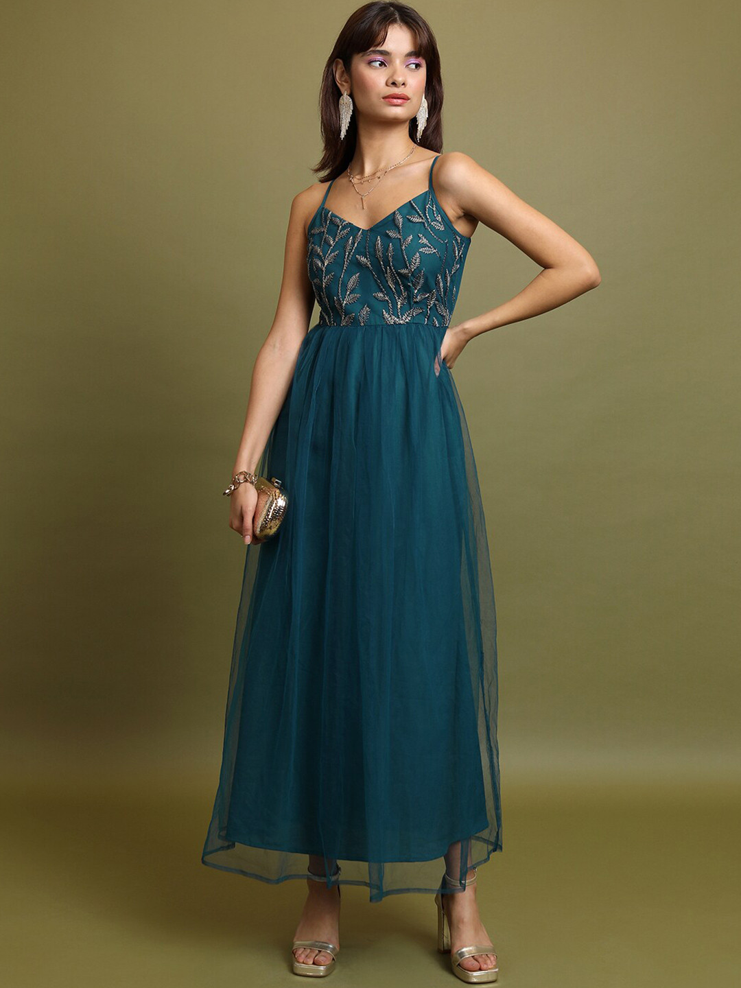 

Tokyo Talkies Teal Blue Floral Embroidered Maxi Dress