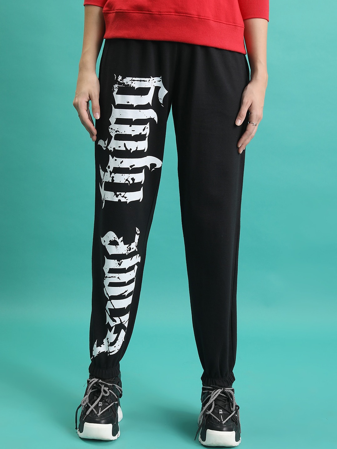 

Tokyo Talkies Women Black Loose Fit Mid-Rise Typography Printed Joggers