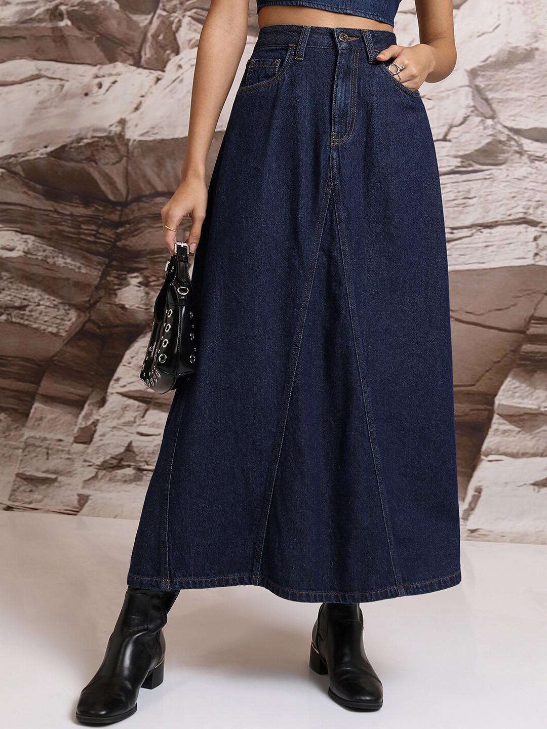 

Tokyo Talkies A-Line Pure Cotton Denim Maxi Skirt, Blue