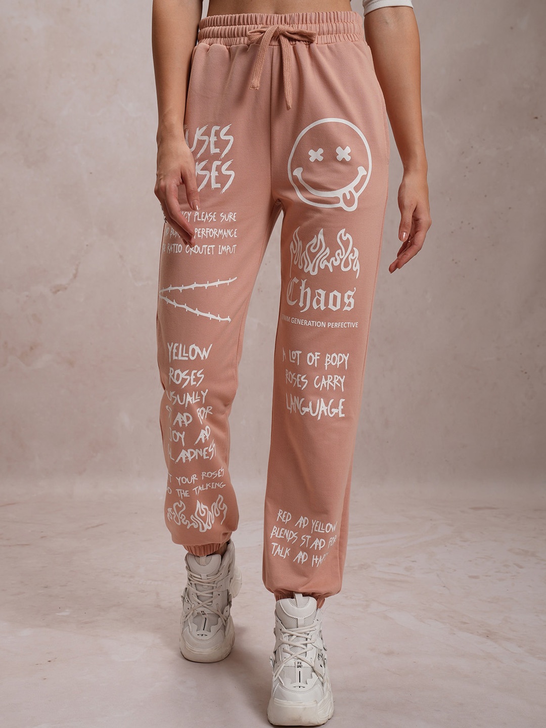 

Tokyo Talkies Women Beige Mid-Rise Typography Printed Joggers