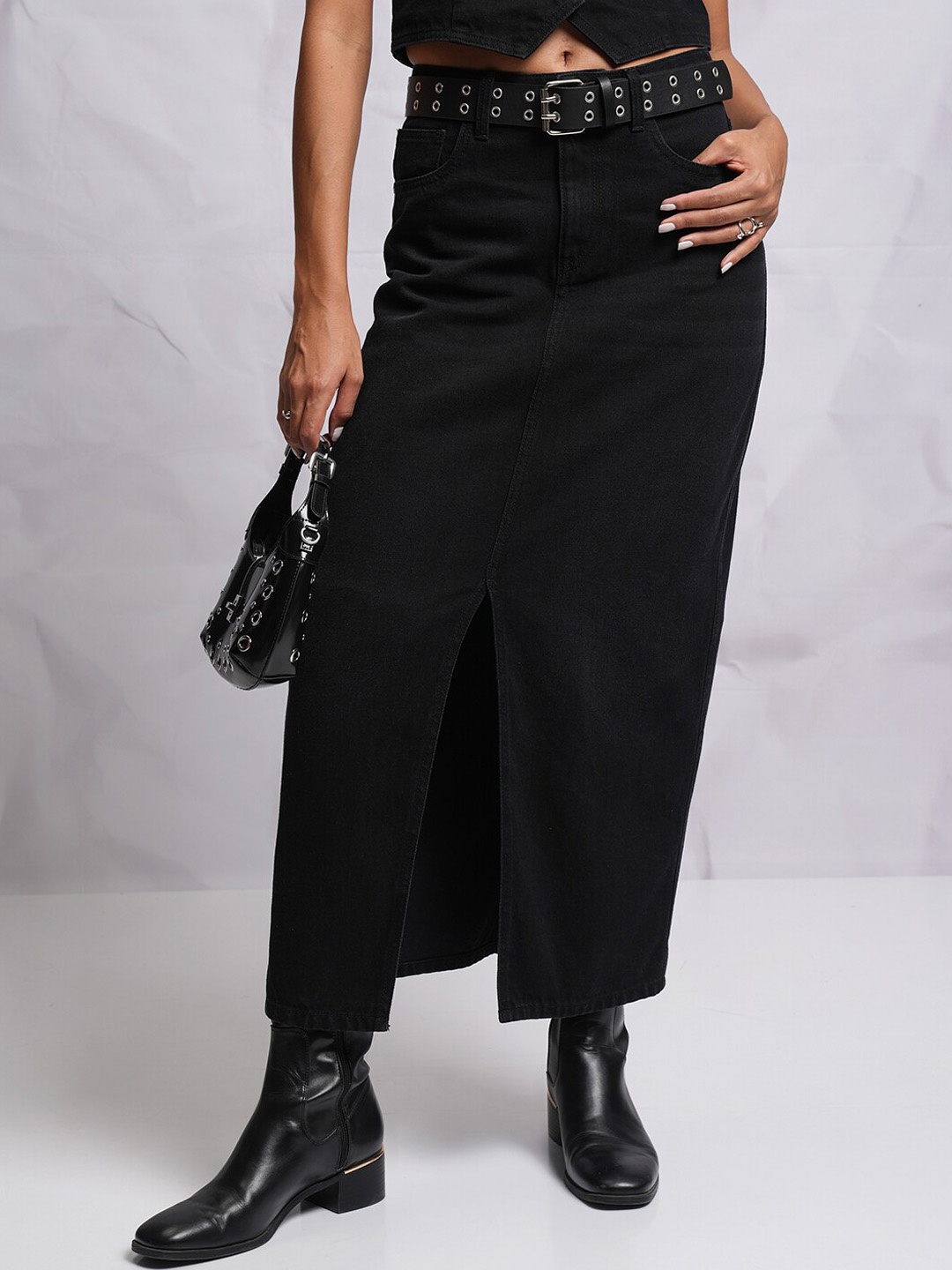 

Tokyo Talkies Split Hem Pure Cotton Denim Maxi Skirt, Black