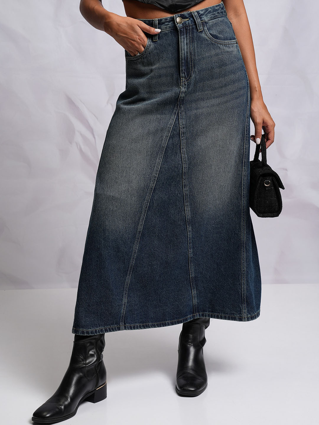 

Tokyo Talkies Mid Waist Pure Cotton Denim Maxi Skirt, Blue