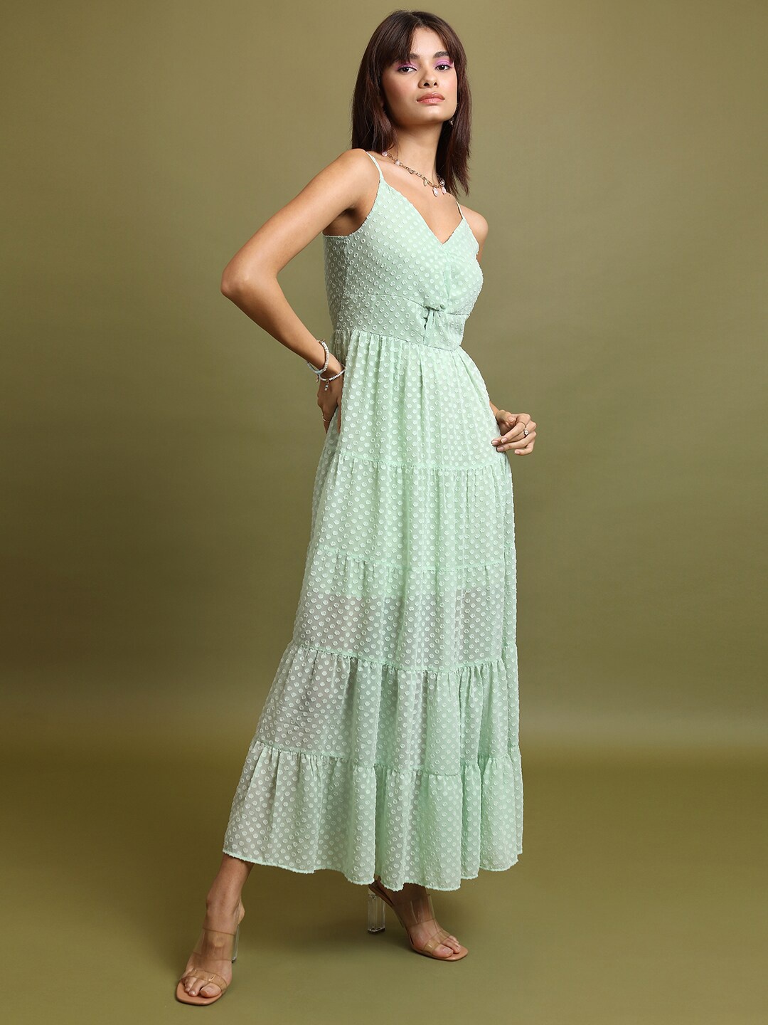 

Tokyo Talkies Green Self Design Shoulder Straps Tiered Maxi Dress