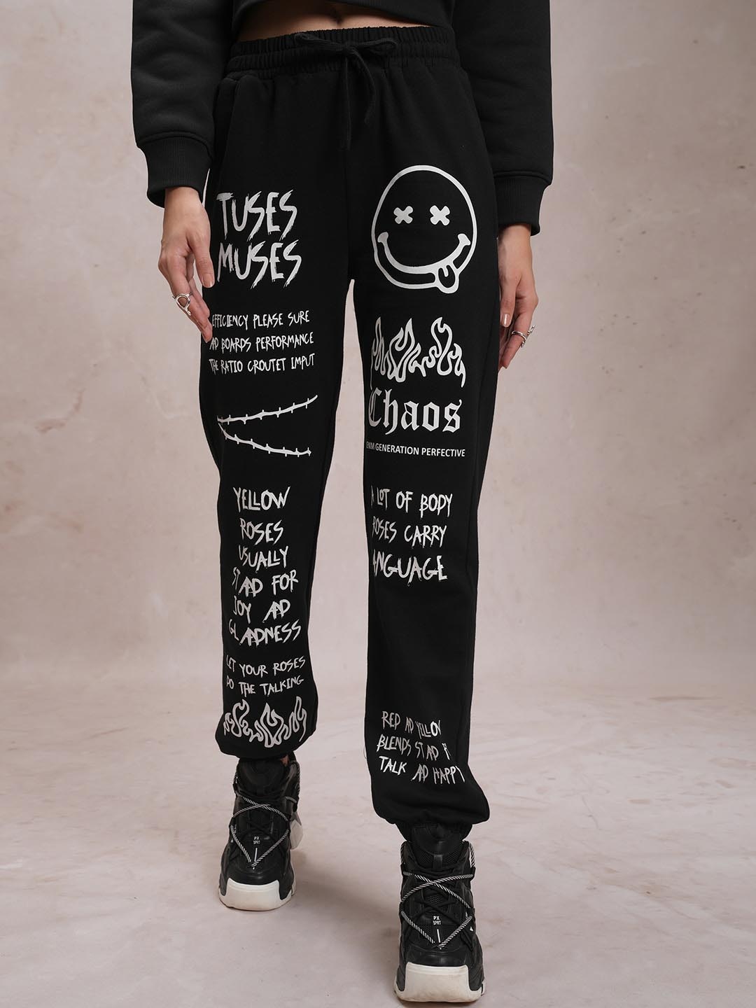 

Tokyo Talkies Women Black Mid-Rise Typography Printed Joggers