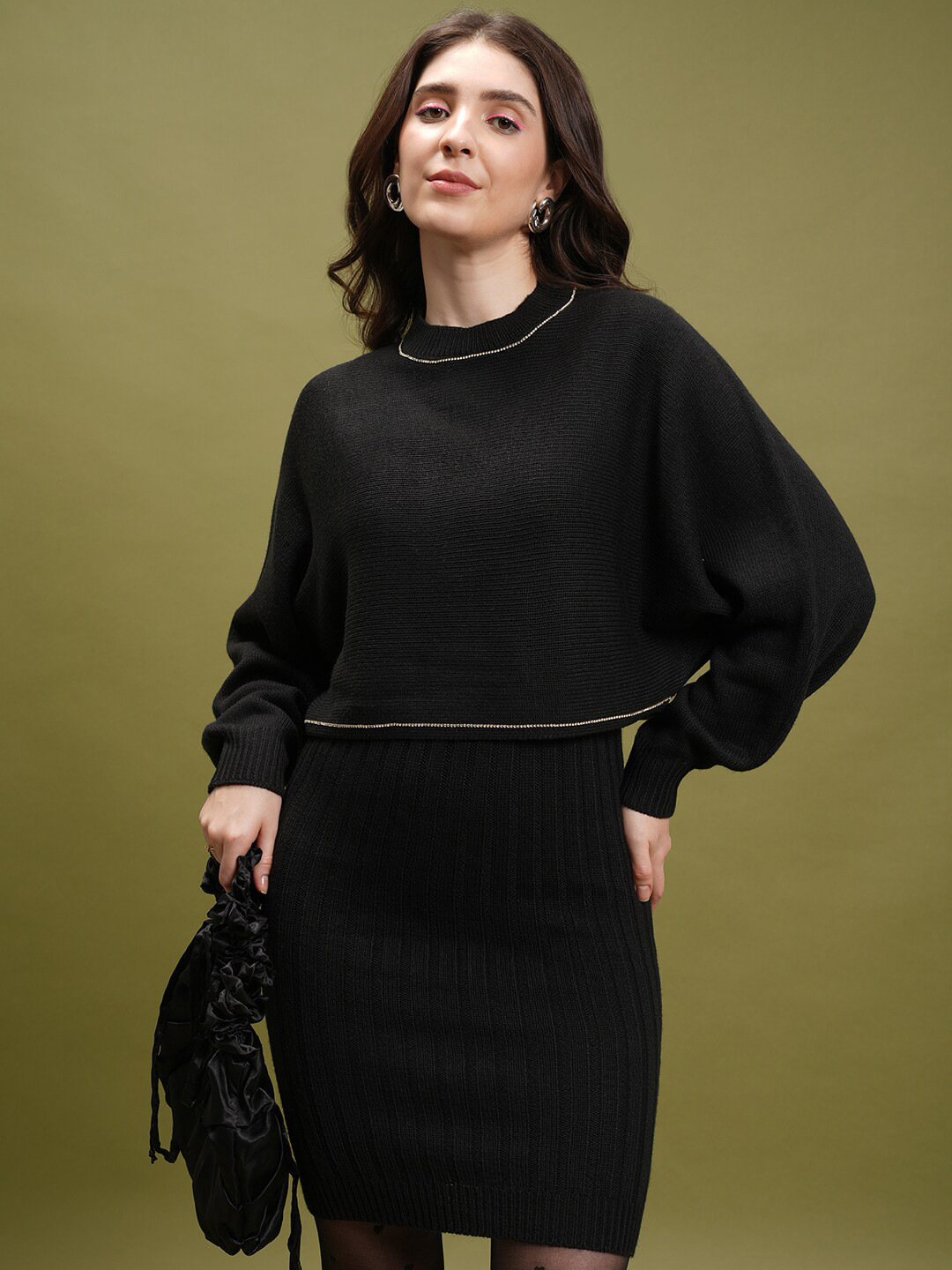 

Tokyo Talkies Black Self-Design Embellished Top & Sweater Dress Co-Ords
