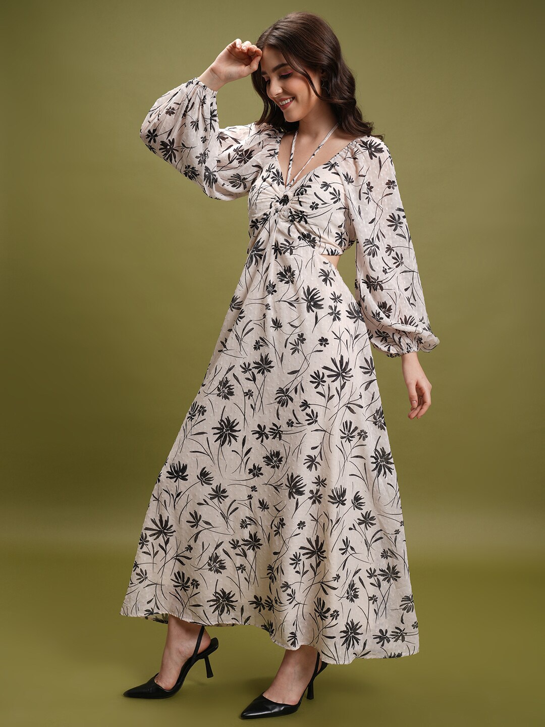 

Tokyo Talkies Off White Floral Printed Tie Up Neck Puff Sleeve Cut Out Maxi Dress