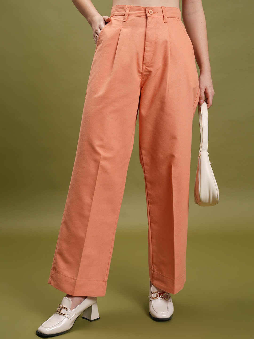 

Tokyo Talkies Women Orange-Coloured Straight Fit High-Rise Trouser