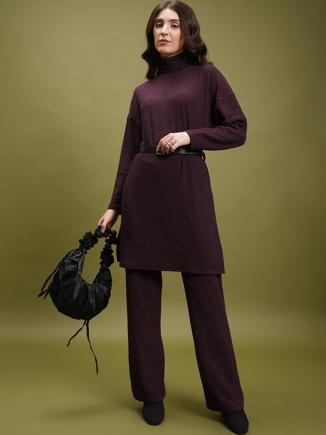 

Tokyo Talkies Jacquard Turtleneck Tunic With Wide Leg Trousers, Brown