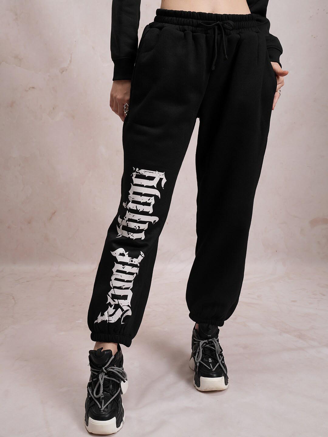 

Tokyo Talkies Women Black Typography Printed Loose-Fit Joggers