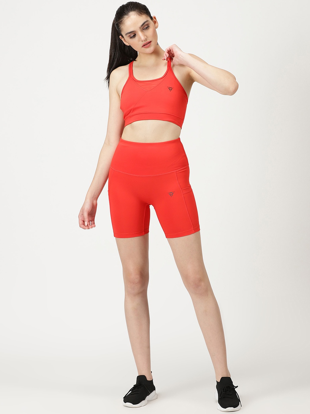 

deb Vibe Collection Fiery Round Neck Sports Bra With Shorts Tracksuit, Red