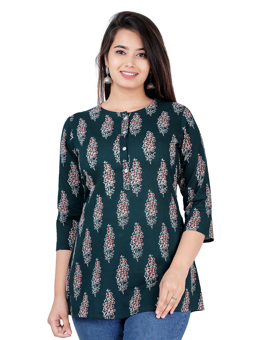 

BAESD Floral Printed Round Neck Pure Cotton Straight Kurti, Green