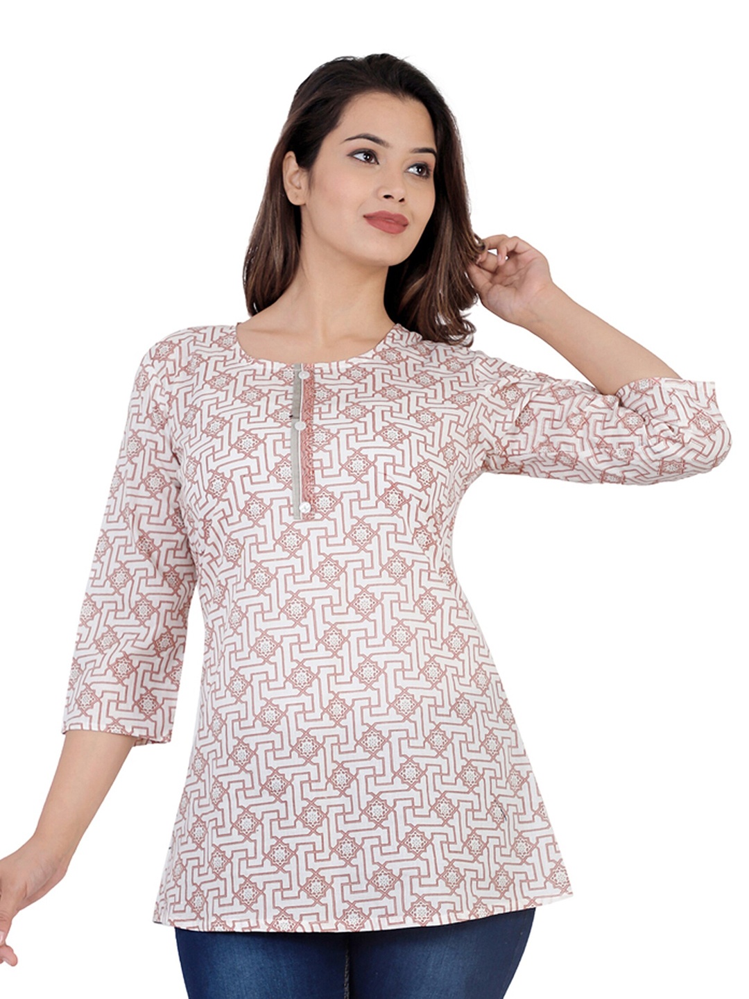

BAESD Geometric Printed Round Neck Cotton Regular Top, Grey