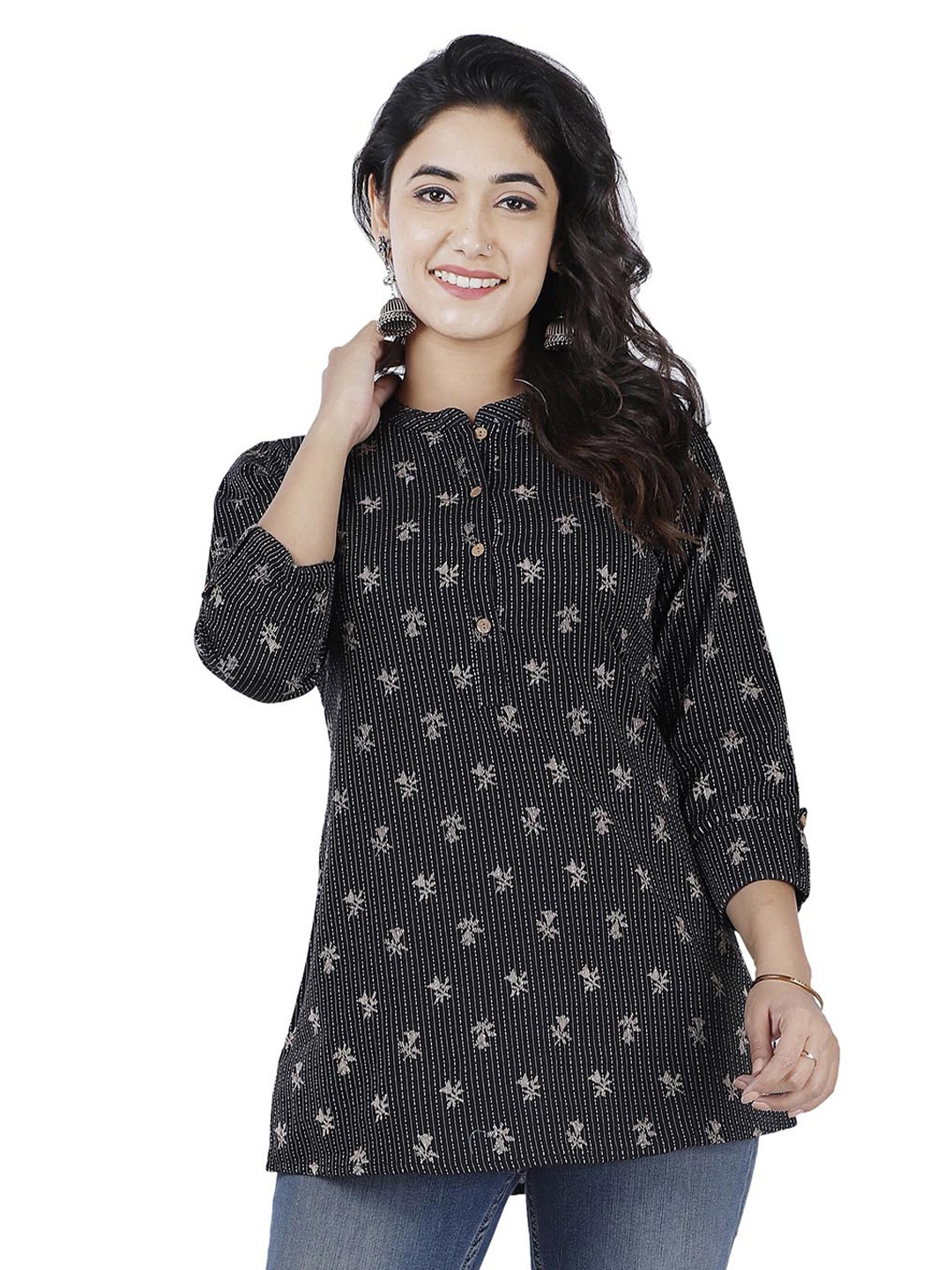 

BAESD Floral Printed Mandarin Collar Pure Cotton Straight Kurti, Black