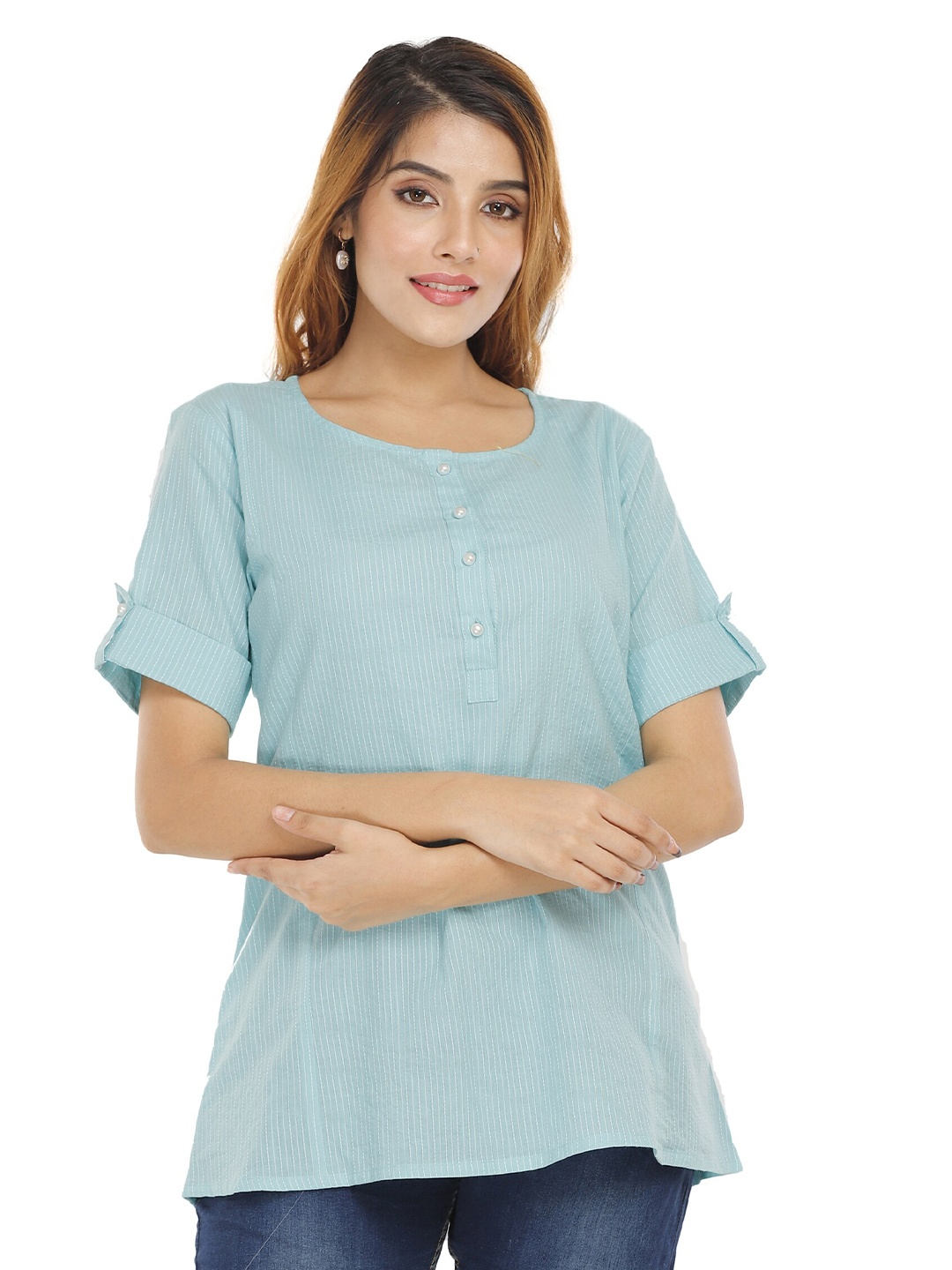 

BAESD Striped Roll-Up Sleeves Cotton Top, Blue