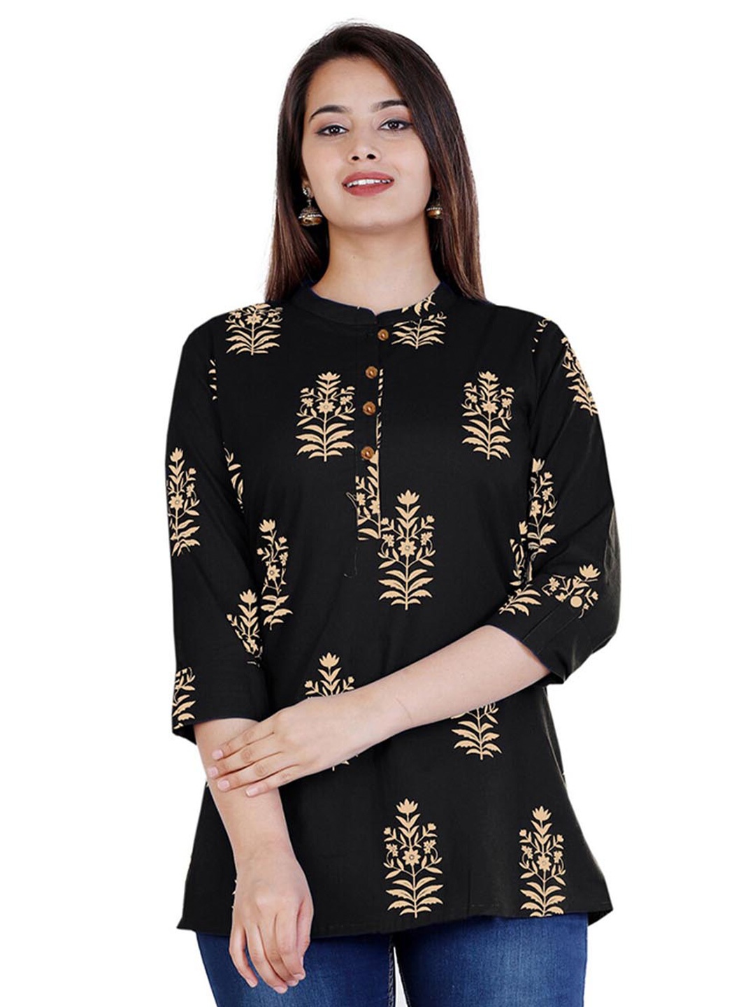 

BAESD Ethnic Motifs Printed Mandarin Collar Cotton Top, Black