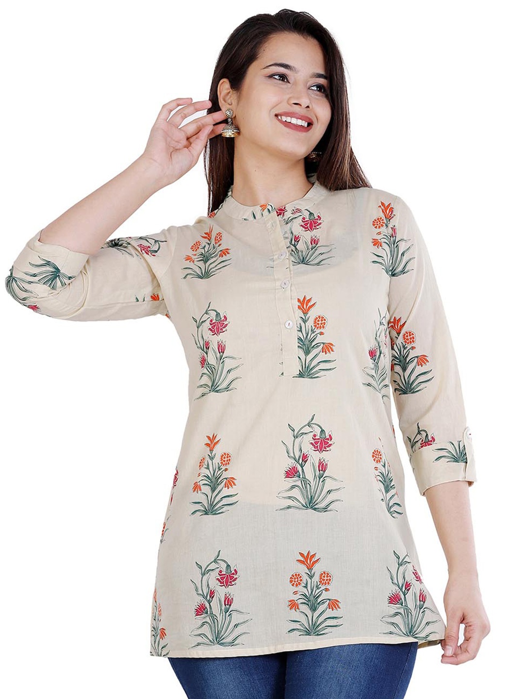 

BAESD Floral Printed Mandarin Collar Pure Cotton Straight Kurti, Beige