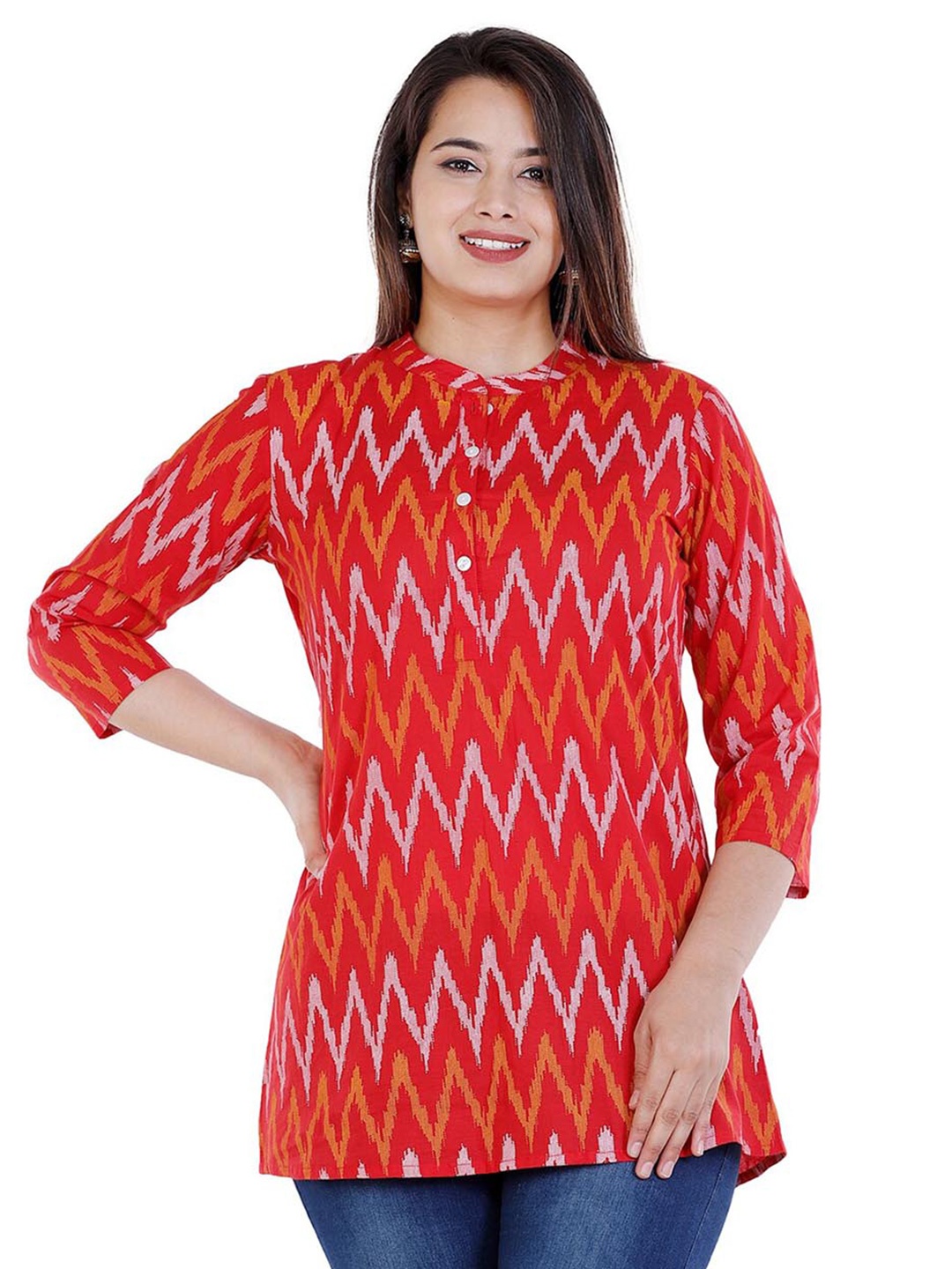 

BAESD Chevron Printed Mandarin Collar Pure Cotton Straight Kurti, Red