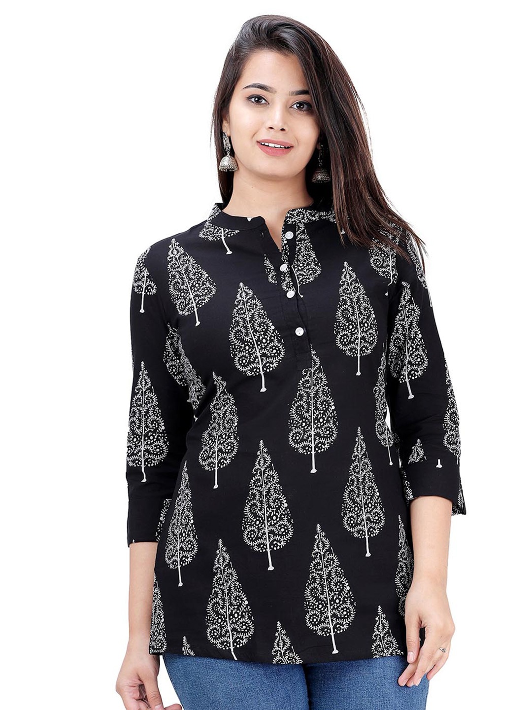 

BAESD Ethnic Motifs Printed Mandarin Collar Cotton Top, Black
