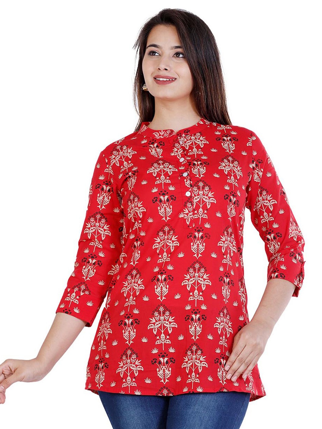 

BAESD Floral Printed Mandarin Collar Cotton Top, Red