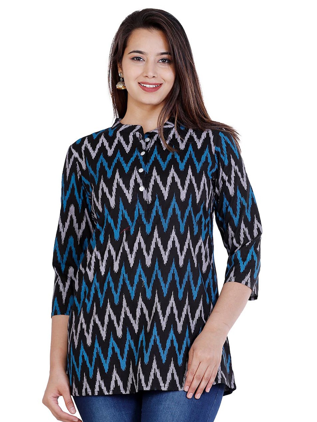 

BAESD Chevron Printed Mandarin Collar Cotton Top, Black