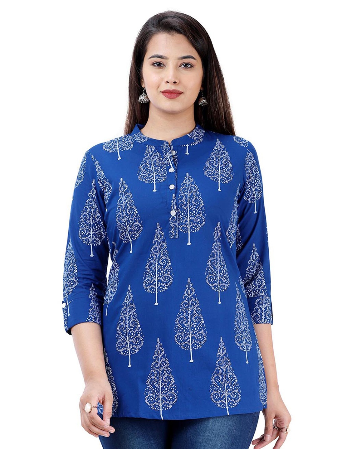 

BAESD Ethnic Motifs Printed Mandarin Collar Pure Cotton Straight Kurti, Blue