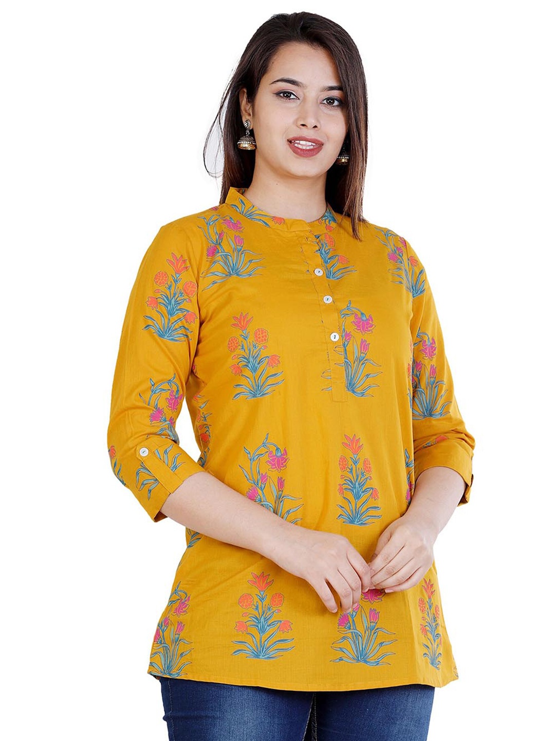 

BAESD Floral Printed Mandarin Collar Cotton Top, Yellow