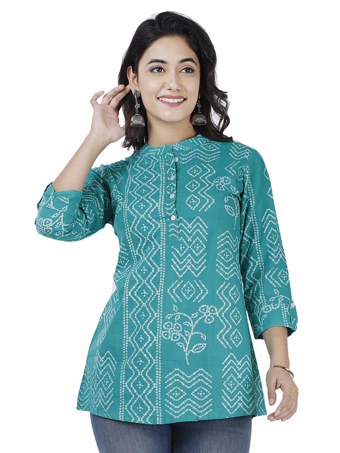 

BAESD Bandhani Printed Mandarin Collar Pure Cotton Straight Kurti, Green