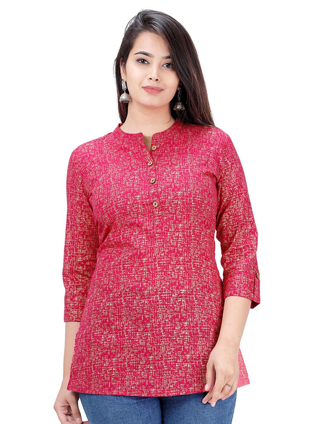 

BAESD Abstract Printed Mandarin Collar Cotton Top, Pink