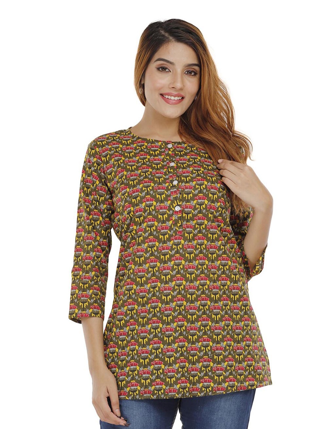 

BAESD Floral Printed Round Neck Longline Cotton Top, Green