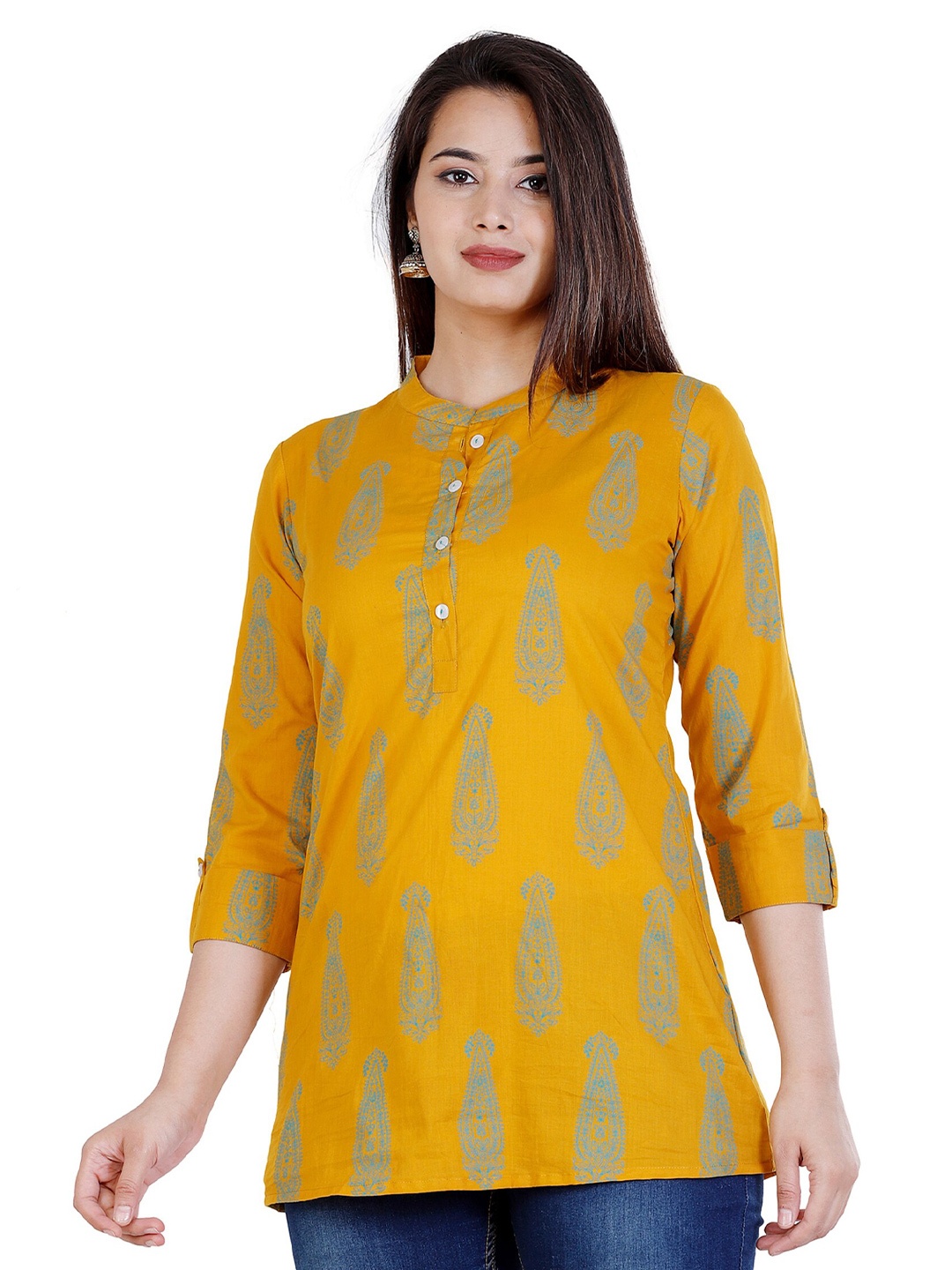 

BAESD Ethnic Motifs Printed Mandarin Collar Cotton Top, Orange