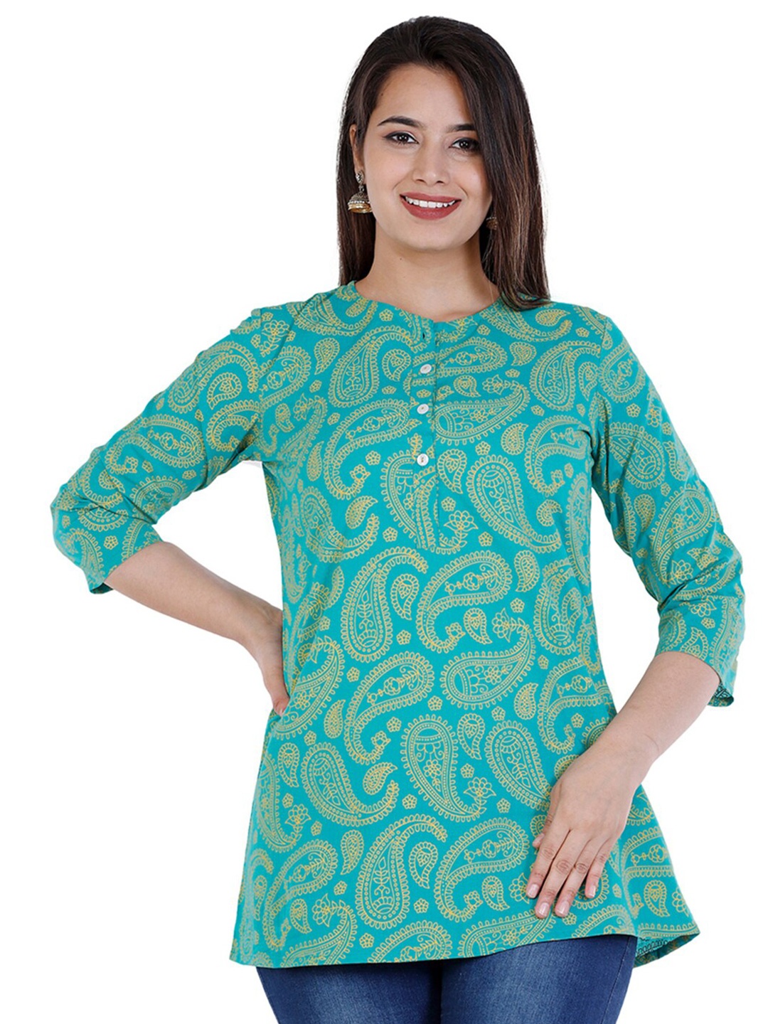 

BAESD Paisley Printed Mandarin Collar Pure Cotton Straight Kurti, Green